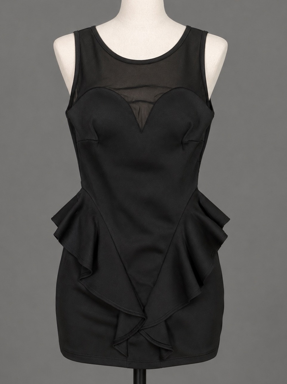 Vintage FOREIGN EXCHANGE Black Mesh Accent Back Cut Runway Peplum Mini Dress…